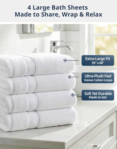 Miniatura 4 de LANE LINEN Juego de 4 toallas de baño 100 % algodón, tecnología exclusiva de cero torsión, toallas blancas grandes (35 x 66 pulgadas), ultra suaves