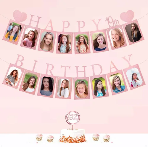 Miniatura 5 de Decoraciones y suministros de feliz cumpleaños 19 para niñas, pancarta de fotos de cumpleaños de oro rosa para mujeres