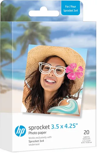 HP Sprocket - Papel fotográfico Zink de 3.5 x 4.25 pulgadas, con respaldo adhesivo (20 unidades) compatible con piñones de 3 x 4, impresora