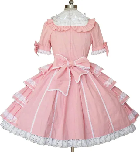 Miniatura 2 de Jeufoin Vestido rosa dulce de manga corta Kawaii estilo japonés princesa vestidos con lazos para mujeres y niñas