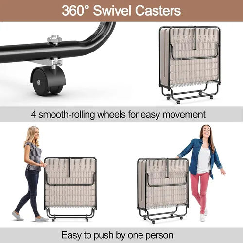 Miniatura 6 de HAPPYGRILL Cama enrollable, cama plegable con colchón de espuma viscoelástica de 5 pulgadas, marco de acero resistente, 4 ruedas universales, cama