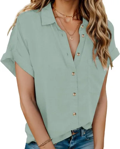 Miniatura 25 de HOTOUCH Camisas de Lino para Mujer con Botones Blusas de Manga Corta de Algodón Cuello en V con Cuello Tops de Gasa con Botones S-3XL