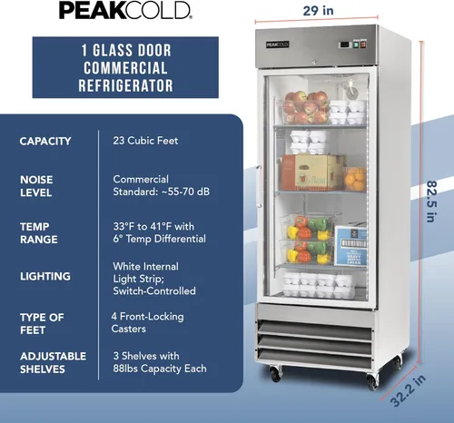 Miniatura 6 de PEAKCOLD Refrigerador comercial de una sola puerta de vidrio, 23 pies cúbicos, 29 "W Acero inoxidable Reach-In Vertical Refrigerador, Estantes