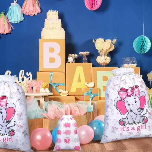 Miniatura 4 de Sadnyy 4 bolsas de regalo para baby shower, grandes elefantes rosas con cordón de tela, para baby shower, cumpleaños infantil, fiesta de revelación