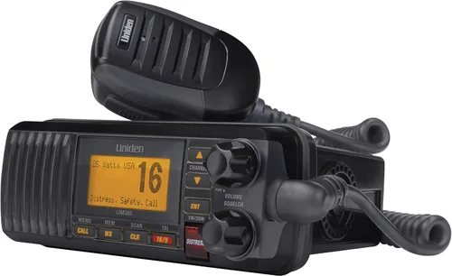 Uniden UM385BK Radio VHF Marina de Montaje Fijo de 25 Vatios, Impermeable, Alerta Meteorológica NOAA, Todos los Canales Marinos de