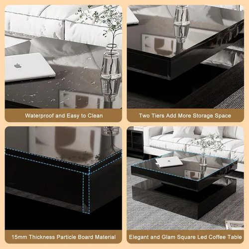 Miniatura 6 de HedoAjim Mesa de centro LED negra para sala de estar, mesa de sala de estar, mesas centrales cuadradas de 2 niveles, mesas de centro de madera
