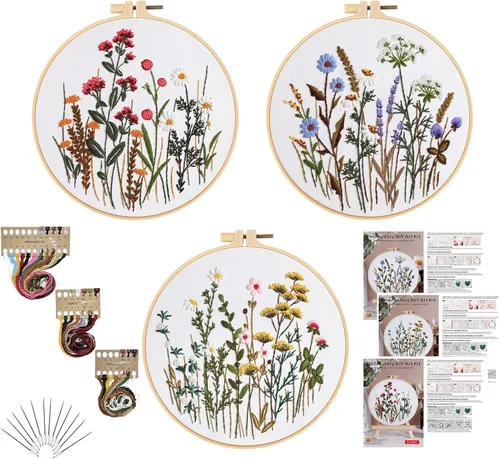 Miniatura 26 de Kit de bordado para principiantes, kits de punto de cruz para adultos, manualidades, 3 piezas, patrón de bordado, hilo de bordado de tela y agujas
