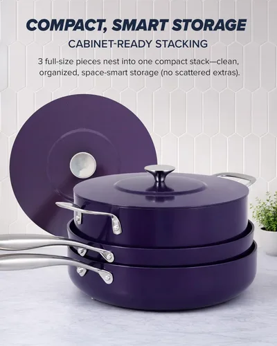 Miniatura 9 de Nuwave - Juego de 5 piezas de ollas y sartenes de cerámica de la serie Essential, sin PFAS, recubrimiento azul G11 Duralon, juego de ollas