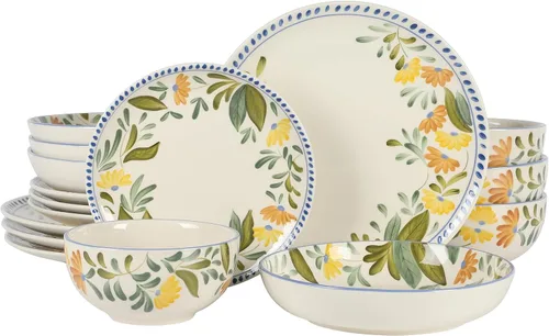 Bloomhouse - Dos veces ganador de las Cosas Favoritas de Oprah - Juego de vajilla de gres con cuencos dobles pintados a mano con flores Posy Posy