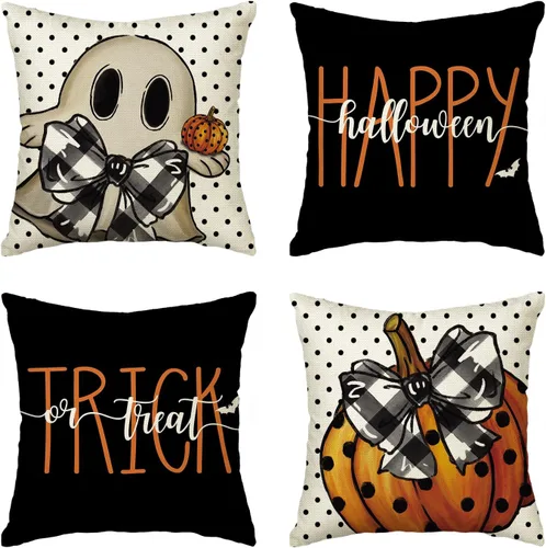 AVOIN colorlife Happy Halloween - Juego de 4 fundas de almohada de 16 x 16 pulgadas, con diseño de fantasmas, diseño de murciélagos y calabaza, para