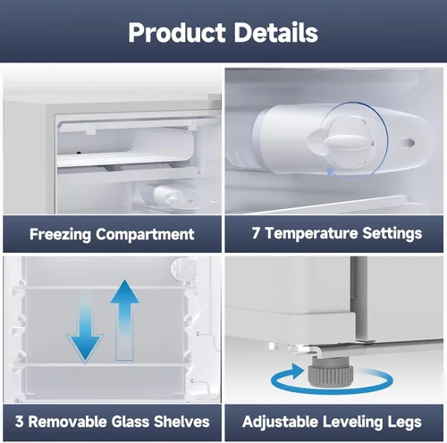 Miniatura 5 de Jojoka Mini refrigerador de 4.3 pies cúbicos con congelador, refrigerador pequeño de una sola puerta con estantes de vidrio deslizantes