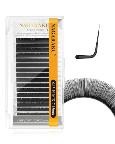 Miniatura 104 de NAGARAKU Extensiones de pestañas, pestañas individuales, 0.05mm, rizo D, 15mm, clásico, negro mate, suave, natural, profesional, 16 filas, 0.05-D