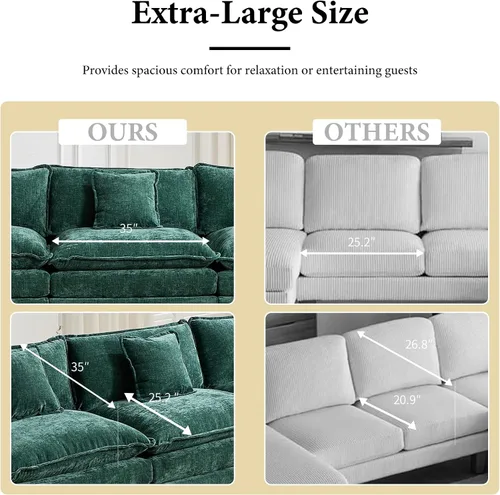 Miniatura 5 de Sofá seccional modular verde de 111.5", sofás seccionales grandes de 3 plazas para sala de estar, sofá nube oversized de tela chenille con otomana