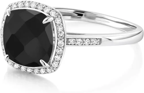 Miniatura 6 de Gem Stone King Anillo de compromiso de oro blanco de 10 quilates con ónix negro para mujer 211 quilates con corte de tablero de ajedrez piedra natal