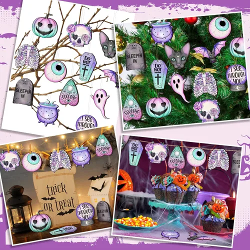 Miniatura 6 de Maitys 36 piezas de adornos de Navidad góticos, adornos de árbol de Navidad de madera espeluznantes de terror, fantasmas morados y rosas, gato