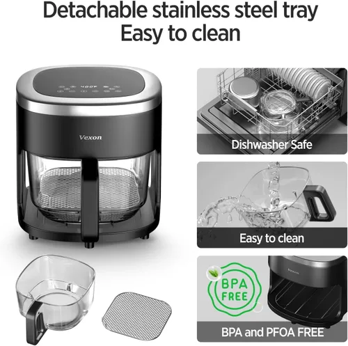 Miniatura 9 de Vexon Freidora de aire de 4.5 cuartos de galón, cocina compacta de aire caliente de 1200 W con ventana visible, cesta antiadherente, pantalla táctil