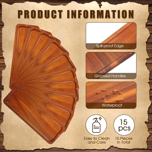 Miniatura 3 de Skylety Paquete de 15 bandejas de madera maciza para servir grandes de acacia para fiestas, tablero rectangular de charcutería con mango ranurado