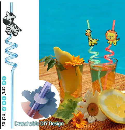 Miniatura 3 de Suministros reutilizables para fiestas de cumpleaños de safari, 16 popotes de plástico de animales de la selva para adultos, decoración de fiesta