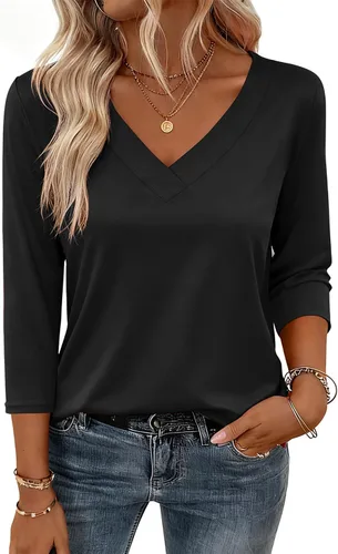 Miniatura 17 de Zeagoo Camisetas de manga 3/4 para mujer, cuello en V, blusa casual elegante, camisetas básicas 2026, ropa de moda S-2XL