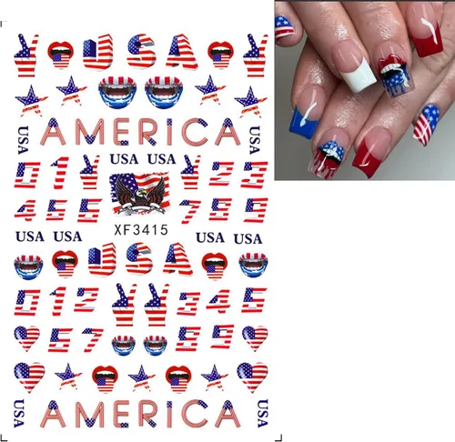 Miniatura 5 de RIICFDD 8 hojas de calcomanías para uñas del 4 de julio, autoadhesivas 3D de bandera de Estados Unidos para arte de uñas, calcomanías del día