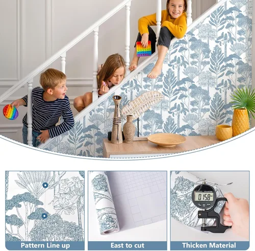 Miniatura 2 de Papel tapiz azul y blanco, moderno, para despegar y pegar, papel de contacto de árbol del bosque para gabinetes, papel adhesivo autoadhesivo
