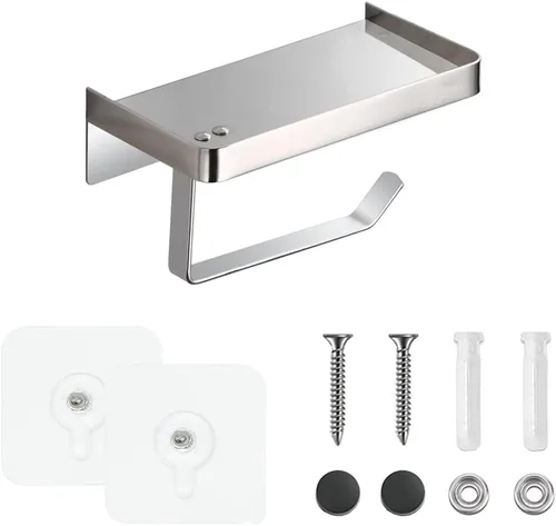 Miniatura 9 de Soporte adhesivo de papel higiénico con estante, soporte de rollo de papel higiénico de acero inoxidable 304, dispensador de papel higiénico