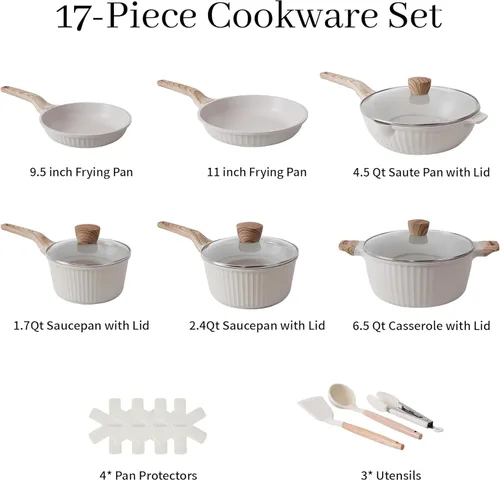 Miniatura 2 de Juego de ollas y sartenes antiadherentes, 17 piezas, utensilios de cocina de inducción de piedra de granito, juego de cocina antiadherente con Crema