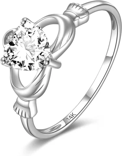 Miniatura 7 de ELFRONT Anillo de corazón de Claddagh irlandés de oro macizo de 14 quilates, joyería celta con moissanita para mujer, lealtad, promesa, compromiso