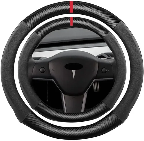 Miniatura 46 de Funda de volante de ante con fibra de carbono de K LAKEY, compatible con Porsche 718 Boxster Cayman 911 Panamera Macan Cayenne de 15 pulgadas, cuero