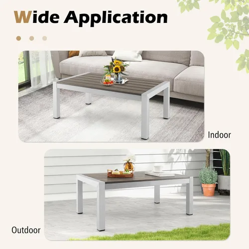 Miniatura 7 de Tangkula Mesa de centro de aluminio para exteriores, moderna mesa de cóctel rectangular con mesa de madera de plástico y marco de aluminio
