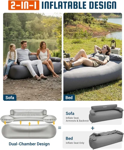 Miniatura 4 de KingCamp - Sofá inflable doble para campamento, portátil, plegable, ecológico, con forro de PVC, tumbona de aire para 2 personas con bomba de pie
