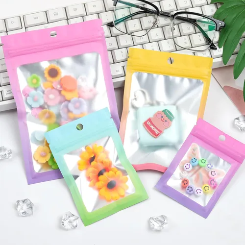 Miniatura 37 de 120 bolsas de tereftalato de polietileno a prueba de olores, bolsa de embalaje holográfica resellable con ventana transparente para alimentos