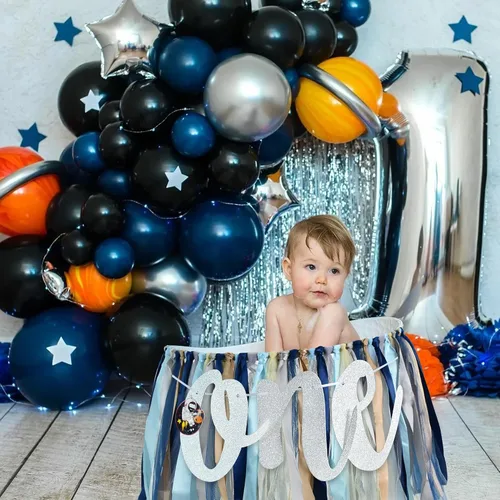 Miniatura 4 de BEISHIDA Pancarta de Primera Silla Alta Decoraciones de Cumpleaños de 1 Año Tema de Astronauta Negro Azul Primera Pancarta de Cumpleaños para Niñas