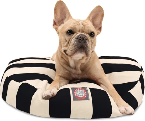 Majestic Pet Products - Cama redonda pequeña para perros con rayas verticales negras para interiores y exteriores, con funda extraíble y lavable