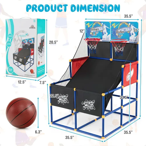 Miniatura 7 de Goplus Juego de baloncesto para niños, juego de baloncesto de doble disparo para 2 jugadores con 4 bolas y bomba de inflado, juego deportivo