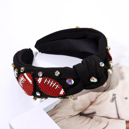Miniatura 5 de NVENF Diadema de fútbol para mujer, accesorios de fútbol para mamá, diadema anudada con cuentas de fútbol, diadema anudada con diamantes