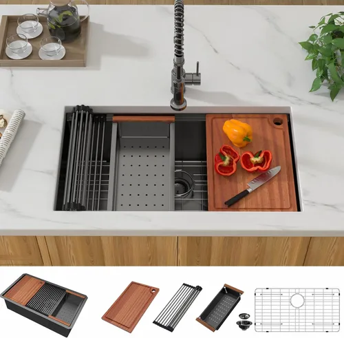 Miniatura 10 de Fregadero de cocina de 28 pulgadas con estación de trabajo, instalación por debajo de la encimera, de acero inoxidable de calibre 16, cuenco grande