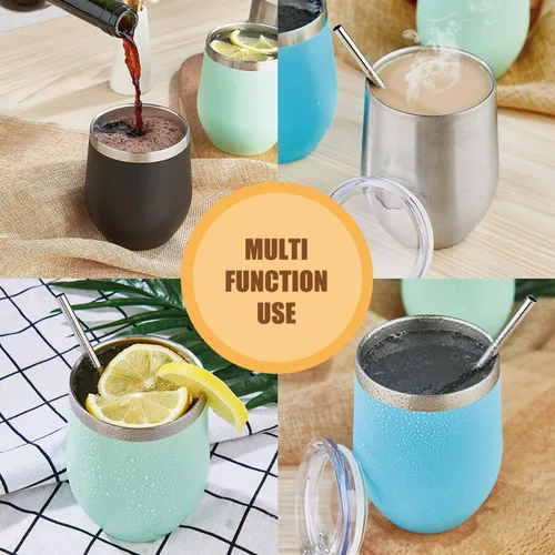 Miniatura 7 de Amtidy Paquete de 12 vasos de acero inoxidable con recubrimiento en polvo con tapa, equipado con popote y cepillo para pajilla, vaso de viaje