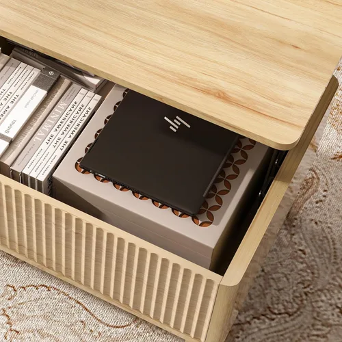 Miniatura 7 de LYNCOHOME Mesa de Centro con Tapa Elevable Acanalada con Almacenamiento, Mesa de Centro Moderna para Sala de Estar, Oficina en Casa (Natural)