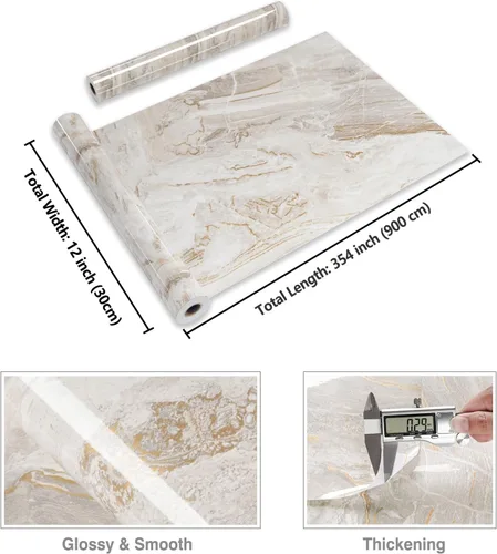 Miniatura 8 de CRE8TIVE Papel de contacto de mármol líquido brillante de 12" x 354" que se despega y pega, papel tapiz de mármol beige dorado, extraíble, Oro beige