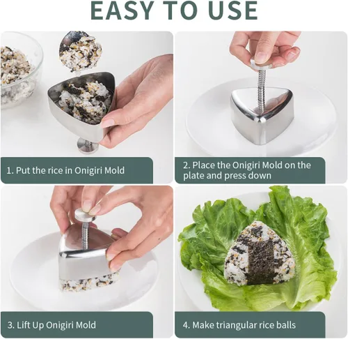 Miniatura 5 de choxila Molde de Onigiri, Molde de Bola de Arroz de Acero Inoxidable para Sushi, Molde Clásico de Triángulo Spam Musubi para Almuerzo Bento y DIY