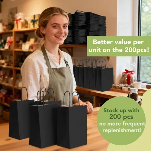 Miniatura 3 de Bolsas de regalo de papel kraft Mesha 200 unidades 5.25 x 3.75 x 8 pulgadas, pequeñas bolsas de papel negro con asas a granel para pequeñas