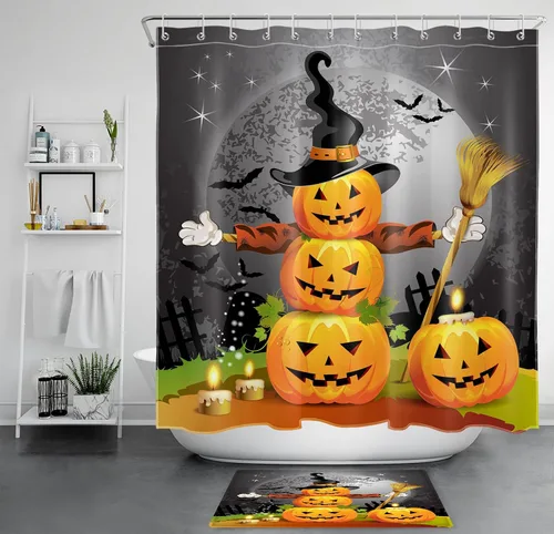 Miniatura 22 de LB Cortina de ducha pequeña de fantasma de Halloween de 48 x 68 pulgadas, forro de cortina de ducha de tamaño medio floral naranja, divertidas