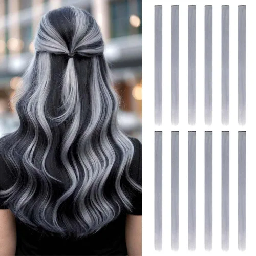 Miniatura 21 de 20 extensiones de cabello con clip de colores para niñas, extensiones de cabello arcoíris multicolor de 20 pulgadas, reflejos instantáneos, piezas