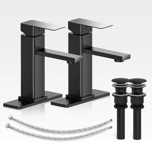 Juego de grifos de baño con desagüe emergente, grifo moderno de lavabo de baño negro de una sola manija con placa de cubierta (1 o 3 agujeros), 1.