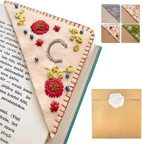 Miniatura 57 de Marcapáginas de esquina bordado a mano personalizado, 26 letras con costura a mano de fieltro, marcapáginas de esquina con bordado de flores lindo