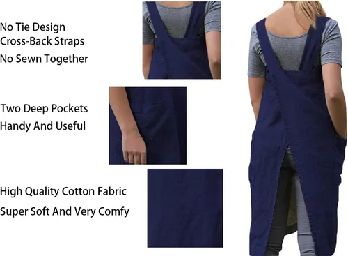 Miniatura 4 de Delantal Pinafore con espalda cruzada con bolsillos, delantal de lino y algodón, talla grande Azul