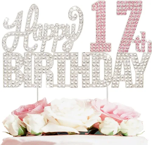 Miniatura 25 de Decoración de pastel de diamantes de imitación rosa y plateado con texto en inglés "Cheers to 11 Years Old Eleven Bday" de metal brillante
