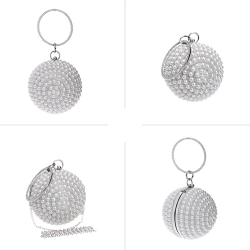 Miniatura 7 de Bolso de mano redondo para mujer, con diamantes de imitación, bolso de noche con cuentas de perlas