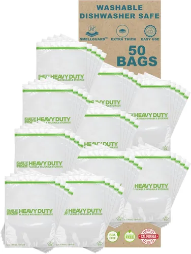 50 x HEAVY DUTY 5mils Thick Dishwasher-Safe STAND-UP Reusable Bags, US-MADE, Extra Durable Washable Reclosable Food Storage Extra Large Bags, XXL